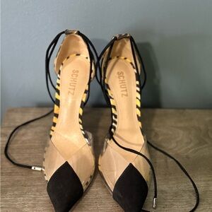 SCHUTZ Black and Tan Striped Heels